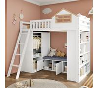 Cama alta de 90 x 200 cm, cama alta infantil de diseño doméstico en madera blanca y color natural, que incluye un armario y un banco con espacio de almacenamiento para la habitación infantil