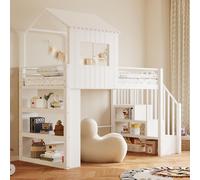 Cama alta de 90x200 con diseño de casita, escaleras y espacio de almacenamiento. Cama infantil con compartimentos abiertos y barandillas de seguridad. Cama individual multifuncional con una pequeña ve
