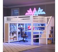 Cama alta de metal MODFU, 140x200, para jóvenes, con luces LED y escritorio. Cama infantil con espacio de almacenamiento, armario, escalera y barandilla de seguridad, color blanco (sin colchón)