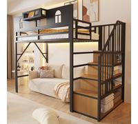 Cama alta de metal MODFU, 90 x 200 cm, con escalera con espacio de almacenamiento, cama juvenil con LED y armario de almacenamiento, cama moderna para niños con espacio de almacenamiento, sin colchón,