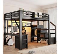 Cama alta de metal para jóvenes, modelo MODFU, de 140x200 cm, con escritorio, cama multifuncional con espacio de almacenamiento, luces LED, compartimentos y armario, sin colchón, color