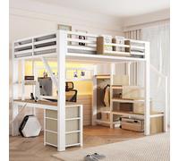 Cama alta de metal para jóvenes, modelo MODFU, de 140x200 cm, con escritorio, cama multifuncional con espacio de almacenamiento, luces LED, compartimentos y armario, sin colchón, color blanco