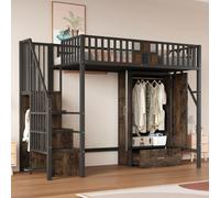 Cama alta de metal Sweiko, 90 x 200 cm, con un diseño de barandilla distintivo de madera y rejilla de metal. Completa con un gran armario, cajones y una escalera de almacenamiento, color