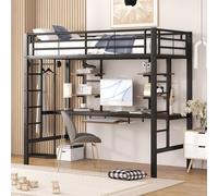 Cama alta Flieks con escritorio, estanterías y espacio para teclado, cama superpuesta de 90x200 cm con protección anticaídas, estructura de metal con somier y escalera, color