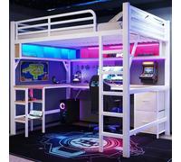 Cama alta gaming de 140 x 200 cm con iluminación LED y puerto USB, litera de metal con escritorio, armario y estantes, estructura de cama con armarios y cajones para adolescentes, sin colchón (blanco)