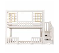 Cama alta infantil 90x200 cm - estilo cabaña con ventanas de madera y armario escalera, 2 camas, con somier, en 747, sin colchón - blanco