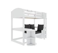 Cama alta infantil 90x200 - multifuncional con escalera, mesa extraíble, sofá con almacenamiento, estantes, cojines - blanca
