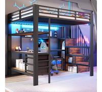 Cama alta juvenil MODFU de 140x200 con escritorio y panel perforado. Estructura de cama individual con enchufe e iluminación LED. Cama de metal con espacio de almacenamiento, estantería y cajón. Sin c