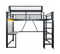 Cama alta metálica 90x200 cm - con escritorio, red de almacenamiento, cesta extraíble, led y enchufe, con escalera y barandilla de seguridad - negro