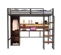 Cama alta metálica 90x200 - escritorio, armario, led y estantería - negro