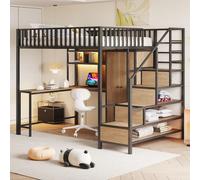 Cama alta metálica STILVORA de 140x200 cm con escritorio, estantería, armario y iluminación LED. Cama alta con escalera de seguridad y cajones de almacenamiento. Cama infantil multifuncional, color