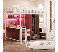 Cama alta metálica STILVORA de 140x200 cm con escritorio, estantería, armario y iluminación LED. Cama alta con escalera de seguridad y cajones de almacenamiento. Cama infantil multifuncional, color bl