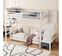 Cama alta MODFU de 90x200 cm con barandilla, camas literas con espacio libre debajo para crear un área de juego, cama individual con estantes y escalera con espacio de almacenamiento, sin colchón, col