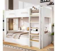 Cama alta MODFU de 90x200 con toma de corriente USB, cama nido para jóvenes con compartimentos de almacenamiento, moderna cama infantil de madera, sin colchón, color blanco