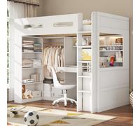 Cama alta MODFU de 90x200 para jóvenes, con escritorio, estructura de cama multifuncional con LED, cajón y armario, cama infantil con espacio de almacenamiento, sin colchón, color blanco