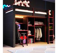 Cama alta MODFU para juegos, 90x200, cama juvenil con escritorio, armario y iluminación LED, estructura de cama con espacio de almacenamiento, sin colchón, color negro/rojo