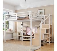 Cama alta okwish de 140x200, cama multifuncional con soporte para TV y toma de corriente. Cama juvenil con escalera integrada con espacio de almacenamiento y estantes abiertos. Estructura de cama con 