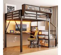 Cama alta okwish de 140x200 con colchón y estante ajustable, cama juvenil con escritorio largo y luces LED, estructura de cama de metal en color