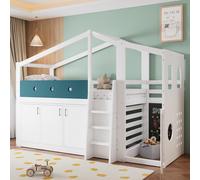 Cama alta okwish de 90x200 con armario de almacenamiento y zona de juegos, cama juvenil con barandilla de seguridad, cama tipo casita en color blanco, sin colchón
