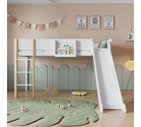 Cama alta okwish de 90x200 con barandilla de seguridad, cama superpuesta con tobogán, estructura de cama de madera maciza para niños, con escalera recta de tres escalones y estante desmontable, color 