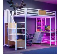 Cama alta okwish de 90x200 con escritorio y barra para colgar ropa, cama individual con luces LED y toma de corriente, cama juvenil con mucho espacio de almacenamiento, color blanco, sin colchón