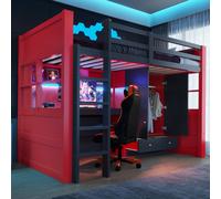 Cama alta para niños MODFU, 90 x 200 cm, cama juvenil estilo gaming con LED, estructura de cama de madera con armario y escritorio, sin colchón, color rojo y