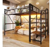 Cama alta STILVORA de 140x200 cm con barra de luces LED y estante escalonado, estructura de metal con elementos de rejilla y cesta de almacenamiento. Cama con espacio de almacenamiento, color
