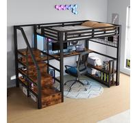 Cama alta STILVORA de 140x200 cm con escritorio, barra de luces LED y 2 puertos USB + 1 puerto tipo-C, cama litera con espacio de almacenamiento, cama juvenil con estantería, barandilla colgante, colo