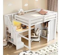 Cama alta STILVORA de 140x200 cm con escritorio y escalera con espacio de almacenamiento, cama superpuesta con armario y estantería para mayor capacidad de almacenamiento, cama infantil con luces LED 