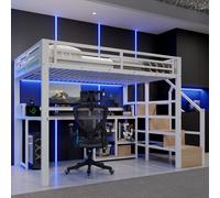 Cama alta STILVORA de 140x200 cm con estructura de metal y barra de luces LED, cama de metal con armario tipo escalera y estante, cama juvenil con conexión USB/Type-C