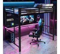 Cama alta STILVORA de 140x200 cm con iluminación LED e integrada una mesa de estudio, estructura de metal resistente con barandillas de seguridad, cama para videojuegos con estación de carga USB, idea