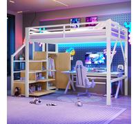 Cama alta STILVORA de 140x200 cm de metal, con compartimentos de almacenamiento y armario, cama juvenil con iluminación LED, modelo en blanco