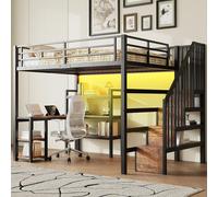 Cama alta STILVORA de 140x200 cm de metal con escalera e integrada una mesa de estudio, cama superpuesta con compartimentos de almacenamiento y estación de carga USB, cama infantil con luz LED, color