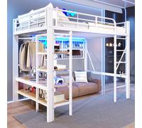 Cama alta STILVORA de 140x200 con barra de luces LED y estante, estructura de metal con barra para colgar ropa y red de almacenamiento, cama juvenil con espacio de almacenamiento abierto, color blanco