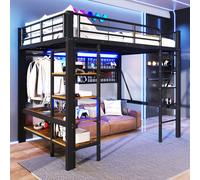 Cama alta STILVORA de 140x200 con barra de luces LED y estante, estructura de metal con barra para colgar ropa y red de almacenamiento, cama juvenil con espacio de almacenamiento abierto, color , sin 