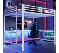Cama alta STILVORA de 160x200 cm con iluminación LED e integrada una mesa de estudio, estructura de metal resistente con barandillas de seguridad, cama para videojuegos con estación de carga USB, idea