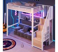 Cama alta STILVORA de 90x200 cm con armario y escalera de almacenamiento, cama superpuesta con barandilla y espacio libre debajo, cama juvenil con luces LED, sin colchón, color blanco