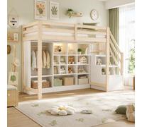 Cama alta STILVORA de 90x200 cm con armarios de almacenamiento y varios compartimentos, cama infantil con armario y iluminación LED, cama superpuesta de madera con escalera lateral y espacio de almace