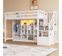 Cama alta STILVORA de 90x200 cm con armarios de almacenamiento y varios compartimentos, cama infantil con armario y iluminación LED, cama superpuesta blanca con escalera lateral y espacio de almacenam