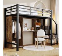 Cama alta STILVORA de 90x200 cm con escritorio y armario, cama infantil con escalera de almacenamiento y compartimentos, estructura de cama de metal con marco de hierro para dormitorio, color