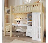 Cama alta STILVORA de 90x200 cm con escritorio y armario, cama juvenil con 3 cajones y espacio de almacenamiento abierto, cama infantil con barandilla y escalera, sin colchón, color natural