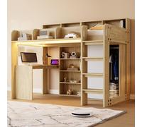 Cama alta STILVORA de 90x200 cm con escritorio y armario, cama juvenil con espacio de almacenamiento e iluminación LED, cama multifuncional para habitaciones infantiles y juveniles, color madera
