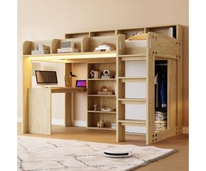 Cama alta STILVORA de 90x200 cm con escritorio y armario, cama juvenil con espacio de almacenamiento e iluminación LED, cama multifuncional para habitaciones infantiles y juveniles, color madera