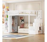 Cama alta STILVORA de 90x200 cm con estanterías, armario de almacenamiento y gran armario. Cama juvenil con escalera de seguridad. Cama infantil con compartimentos de almacenamiento. Sin colchón. Colo