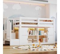 Cama alta STILVORA de 90x200 cm con estantes, cama infantil con armarios, cama alta con escalera y espacio de almacenamiento, cama con iluminación LED blanca