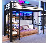 Cama alta STILVORA de 90x200 con barra de luces LED y estante, estructura de metal con barra para colgar ropa y red de almacenamiento, cama juvenil con espacio de almacenamiento abierto, color , sin c