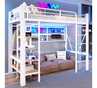 Cama alta STILVORA de 90x200 con barra de luces LED y estante, estructura de metal con barra para colgar ropa y red de almacenamiento, cama juvenil con espacio de almacenamiento abierto, color blanco,
