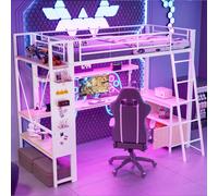 Cama alta STILVORA de 90x200 con escritorio y barra de luces LED, estructura de metal con espacio de almacenamiento, estanterías y panel perforado. Cama juvenil con puerto USB, color blanco