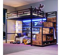 Cama alta Sweiko, 140 x 200 cm, estructura de hierro, armario, escalera con espacio de almacenamiento, rejilla para colgar objetos, espacio libre debajo de la cama, luces LED de 7 colores, sin colchón