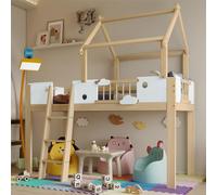 Cama alta Sweiko de 90x200 cm, cama infantil con barandillas de protección y rejilla, diseño de techo único, con escalera inclinada de tres peldaños, color blanco y natural